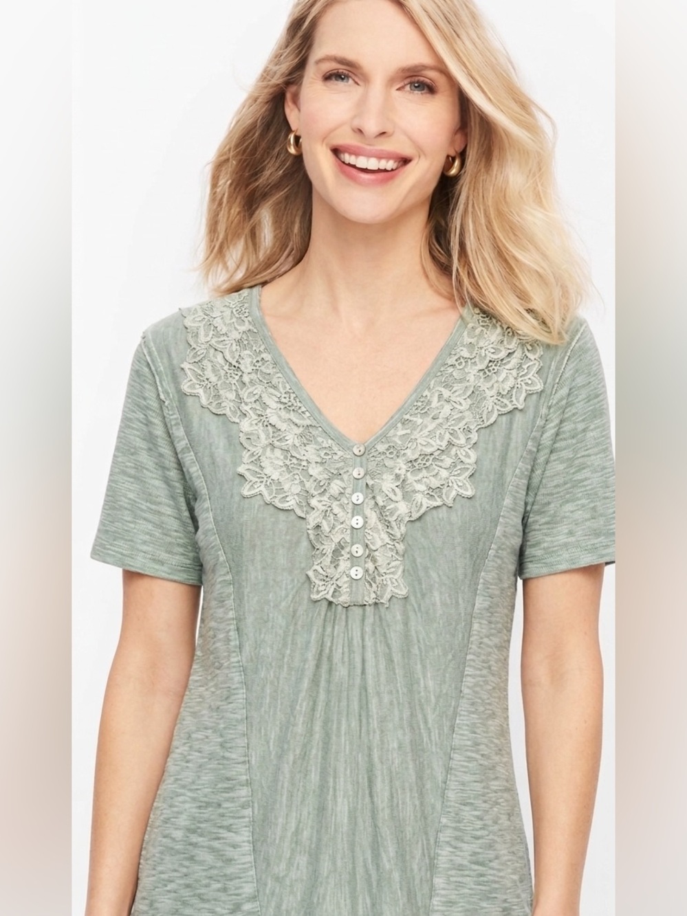 NEW POL size M sage green lace flowy Henley blouse cottagecore prairie